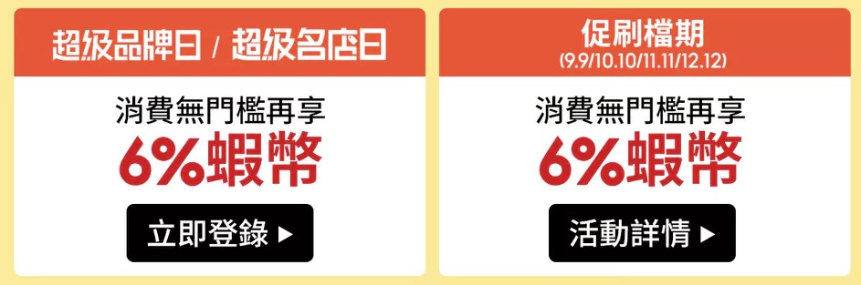 指定檔期無門檻 再享6% 蝦幣回饋