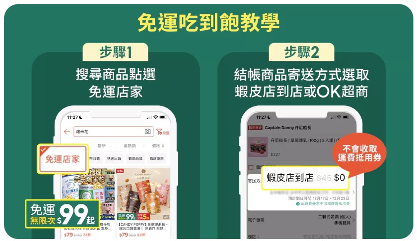 免運吃到飽教學：步驟1. 搜尋免運店家商品 步驟2. 結帳商品，寄送方式選取蝦皮店到店或OK超商